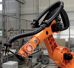 Robot cables in a multi-axis cable carrier on a robot